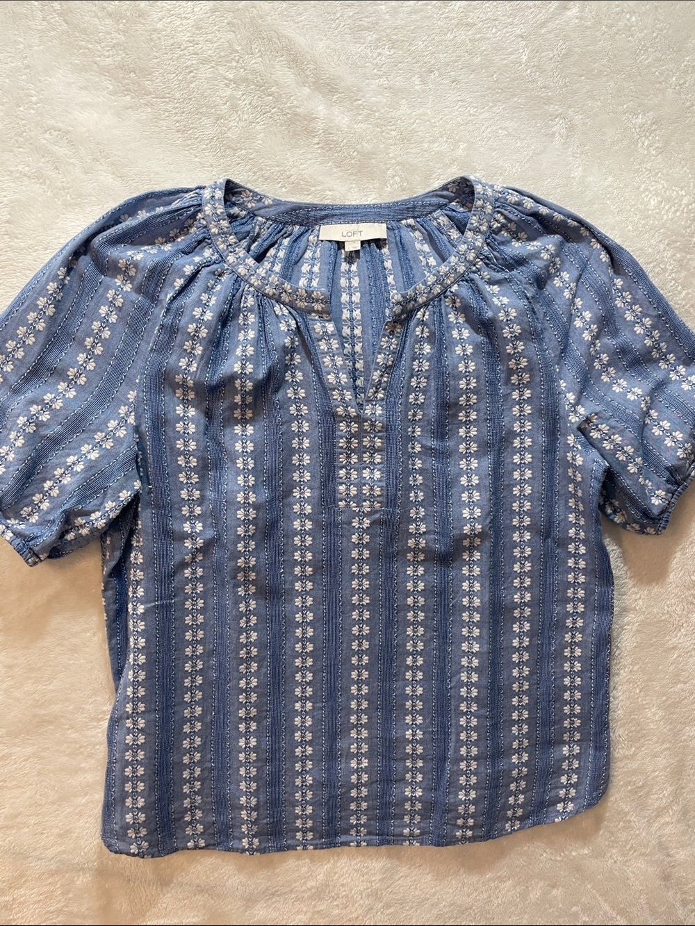 Loft Blue Chambray Shirt Large Textured White Stripe Floral Peasant Top Boho
